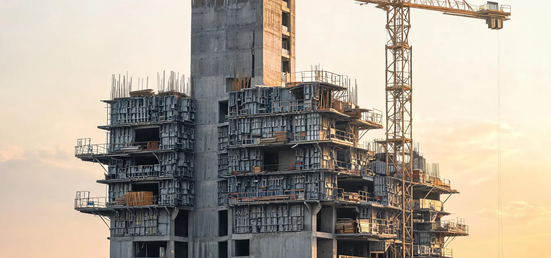 High-rise core climb with Doka formwork panels on an active jobsite