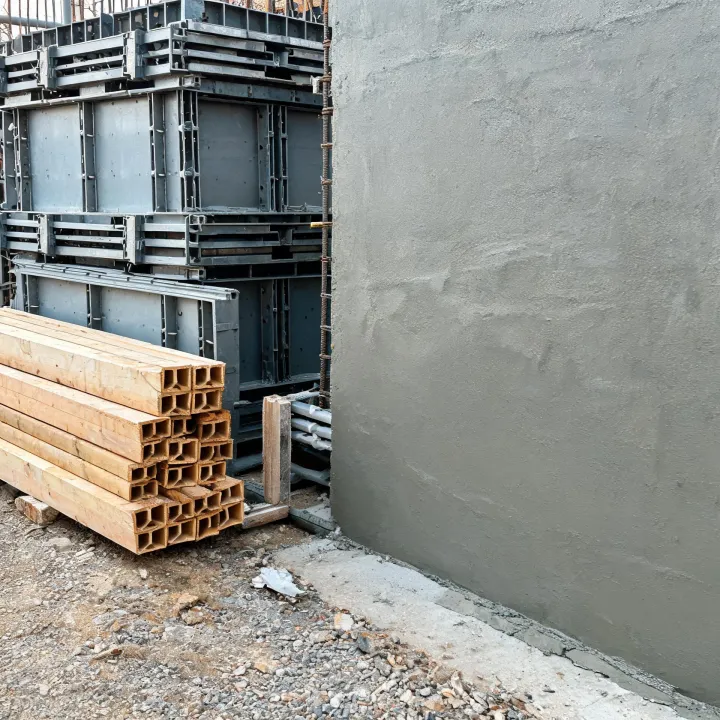 Doka wall formwork panels staged beside a concrete pour