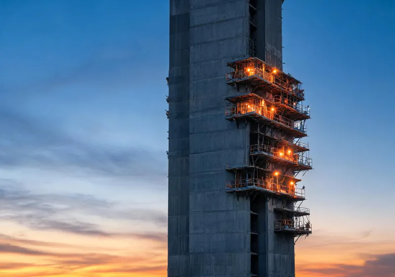 Completed concrete core with Doka climbing platforms staged beside it