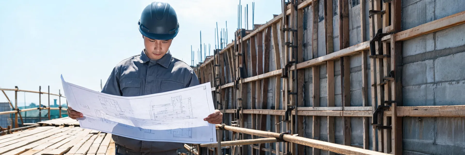 Doka engineer reviewing formwork drawings on a jobsite deck